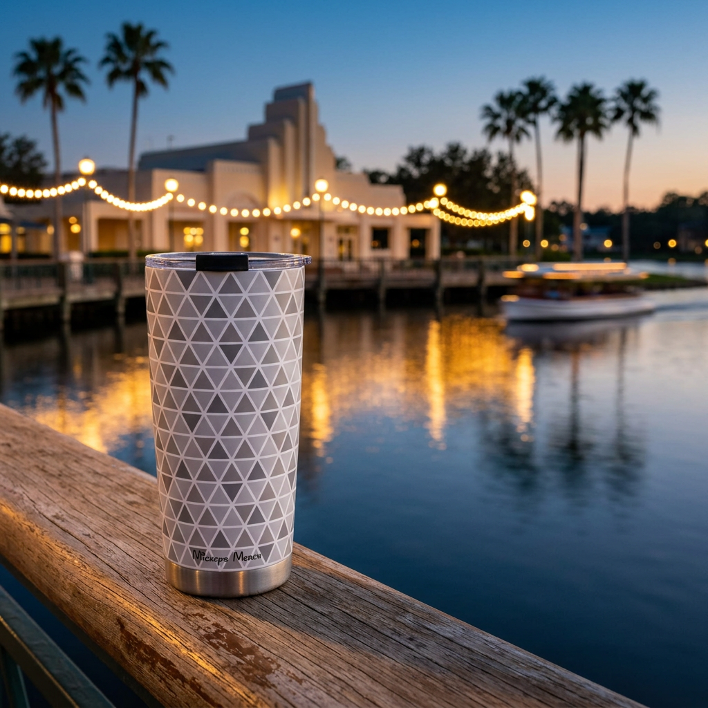 Epcot tumbler overlooking an illuminated art-deco waterfront resort