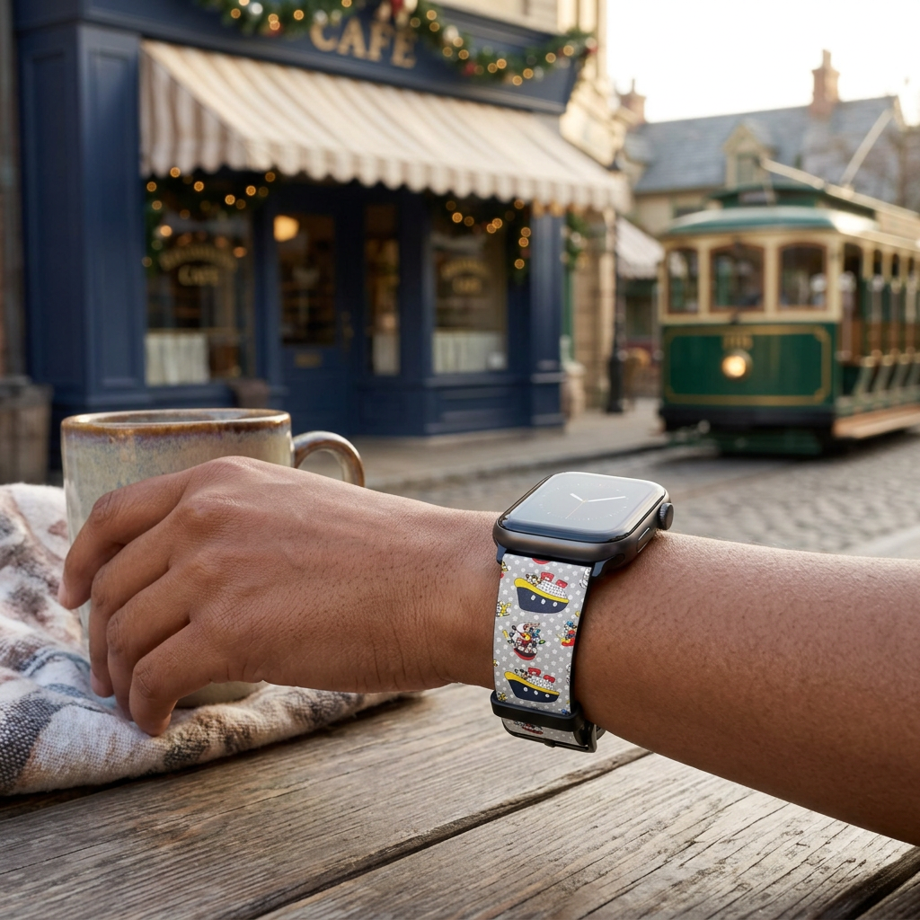 Festive cruise-pattern watchband at a retro café