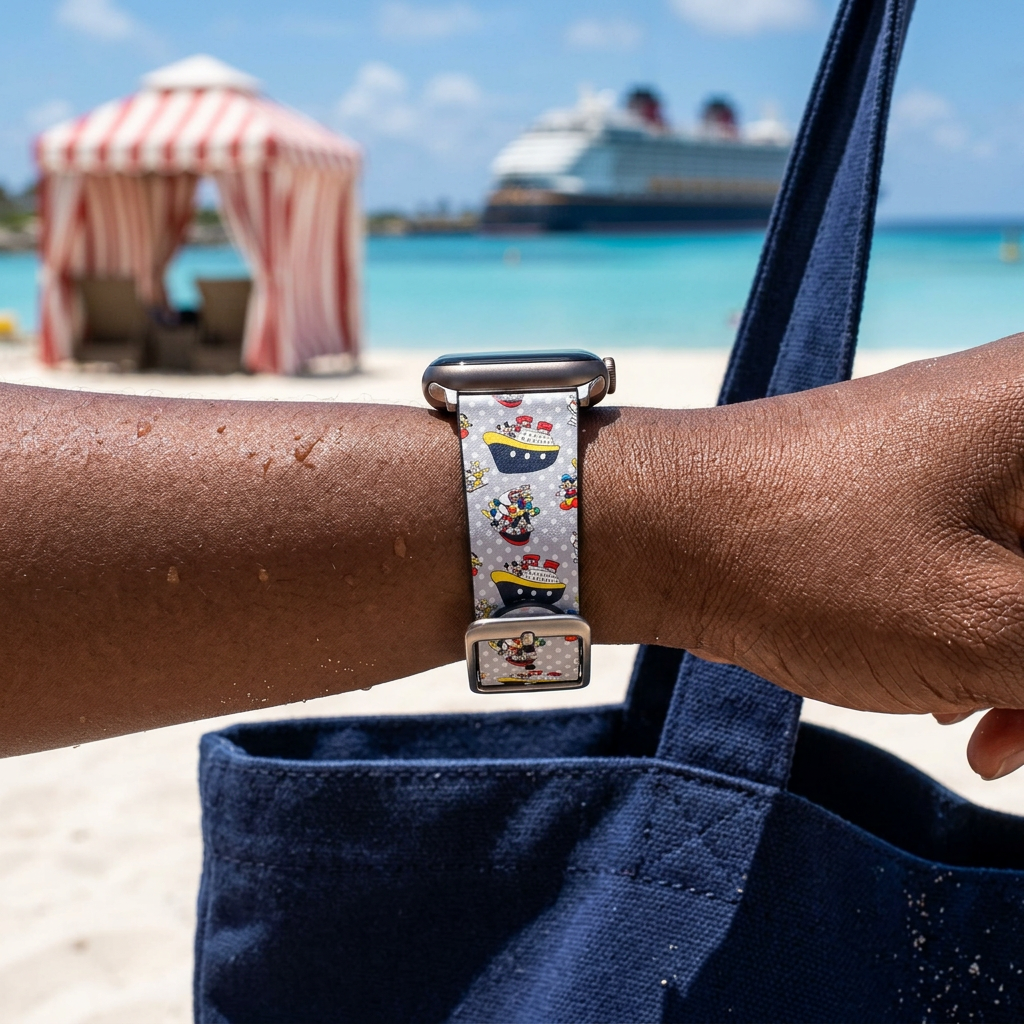 Festive cruise-pattern watchband at a tropical beach