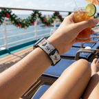 Festive cruise-pattern watchband on a decorated cruise deck