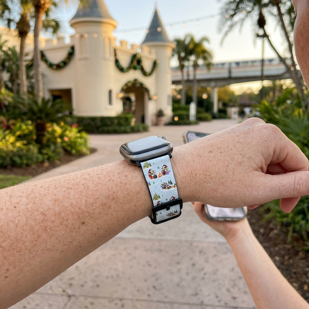 Festive sleigh-pattern watchband along a resort pathway