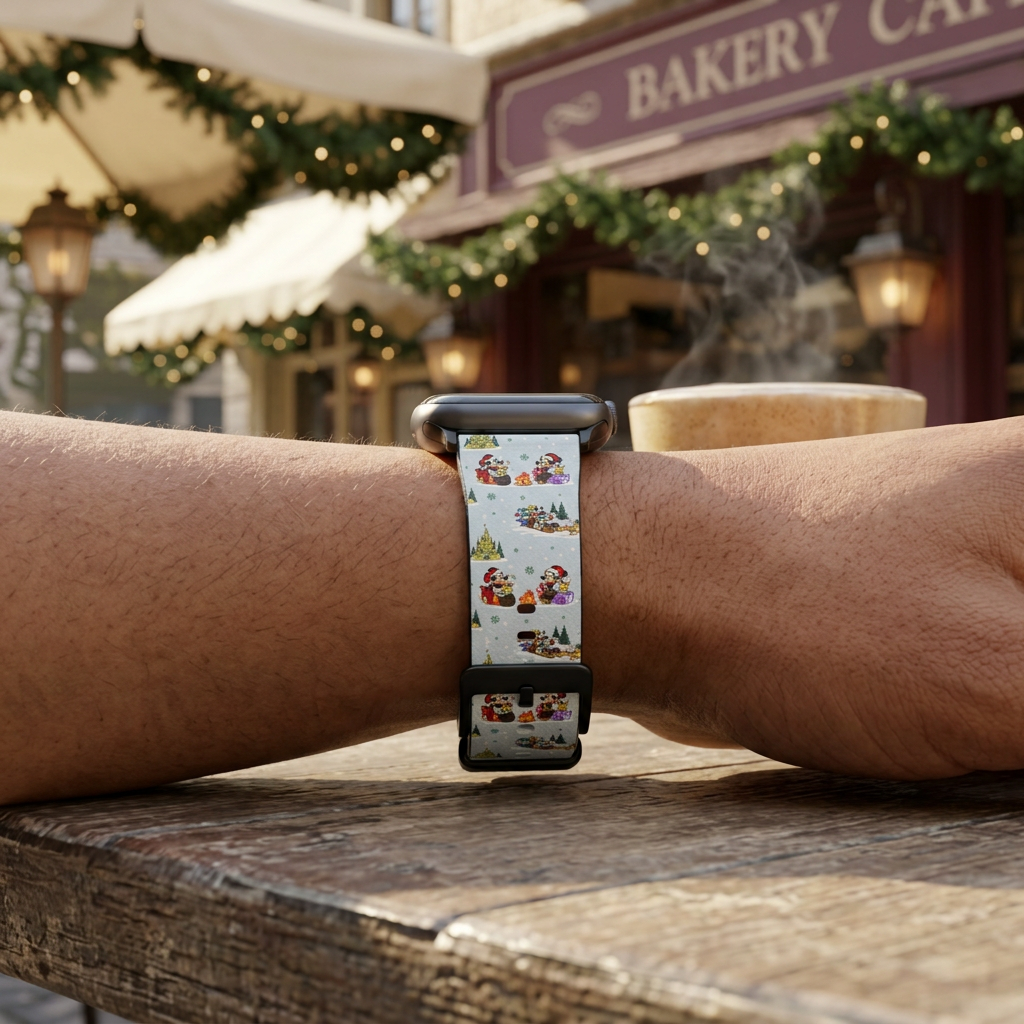 Festive sleigh-pattern watchband at a retro café