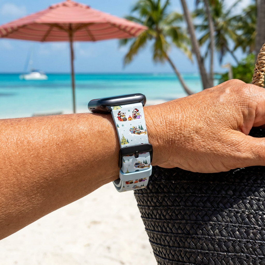 Festive sleigh-pattern watchband at a tropical beach