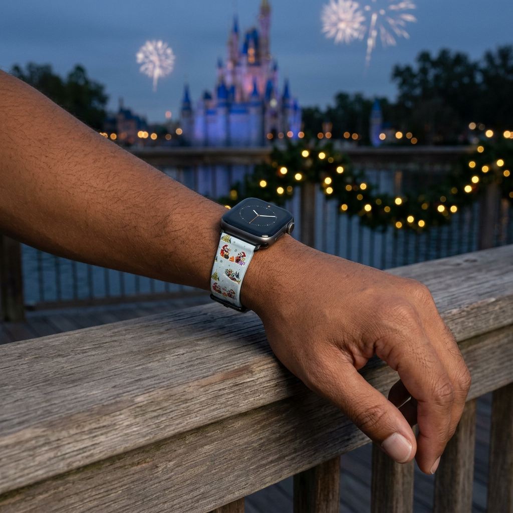 Festive sleigh-pattern watchband with an illuminated castle and fireworks