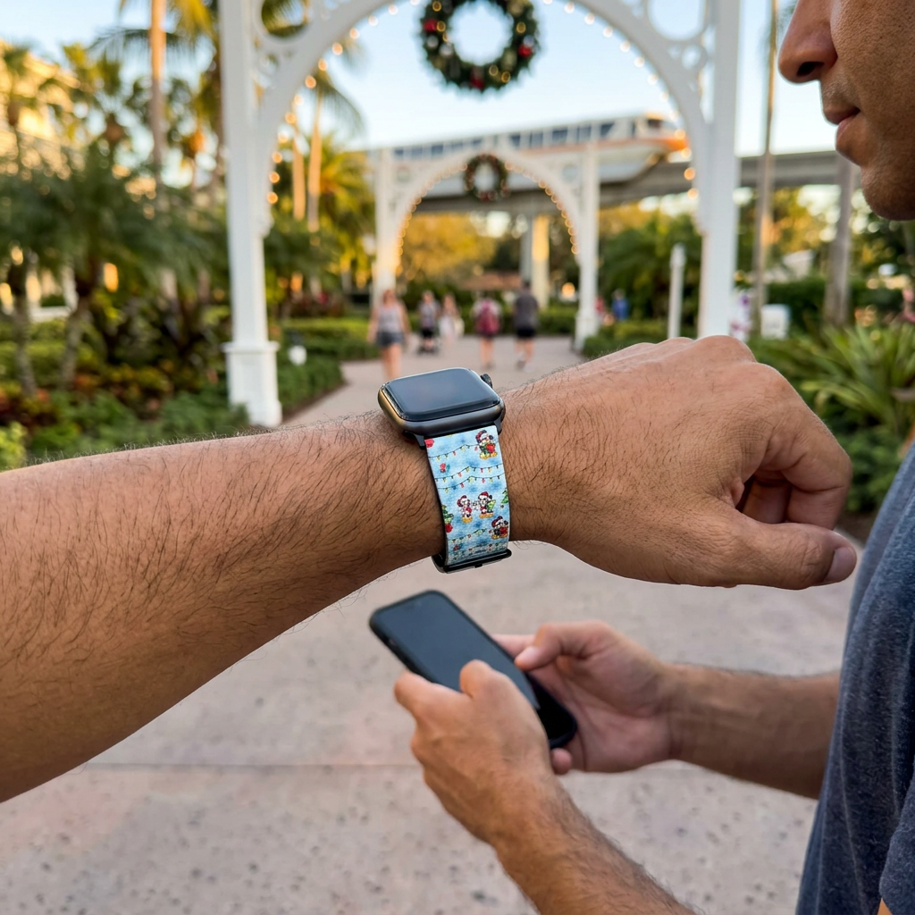 Festive watchband along a decorated resort pathway