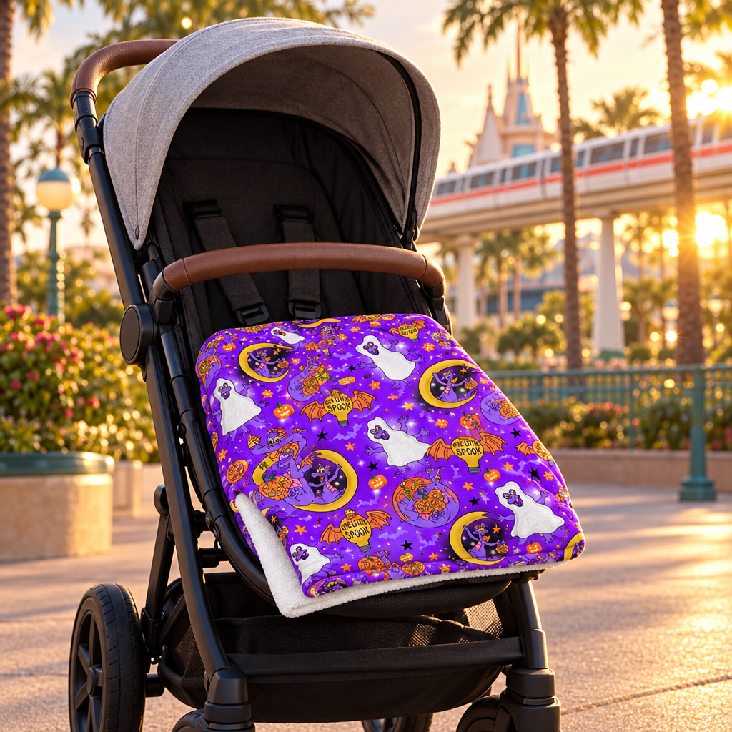 Figment purple blanket on a theme park stroller