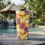 Figment tumbler beside a tropical resort waterfall pool