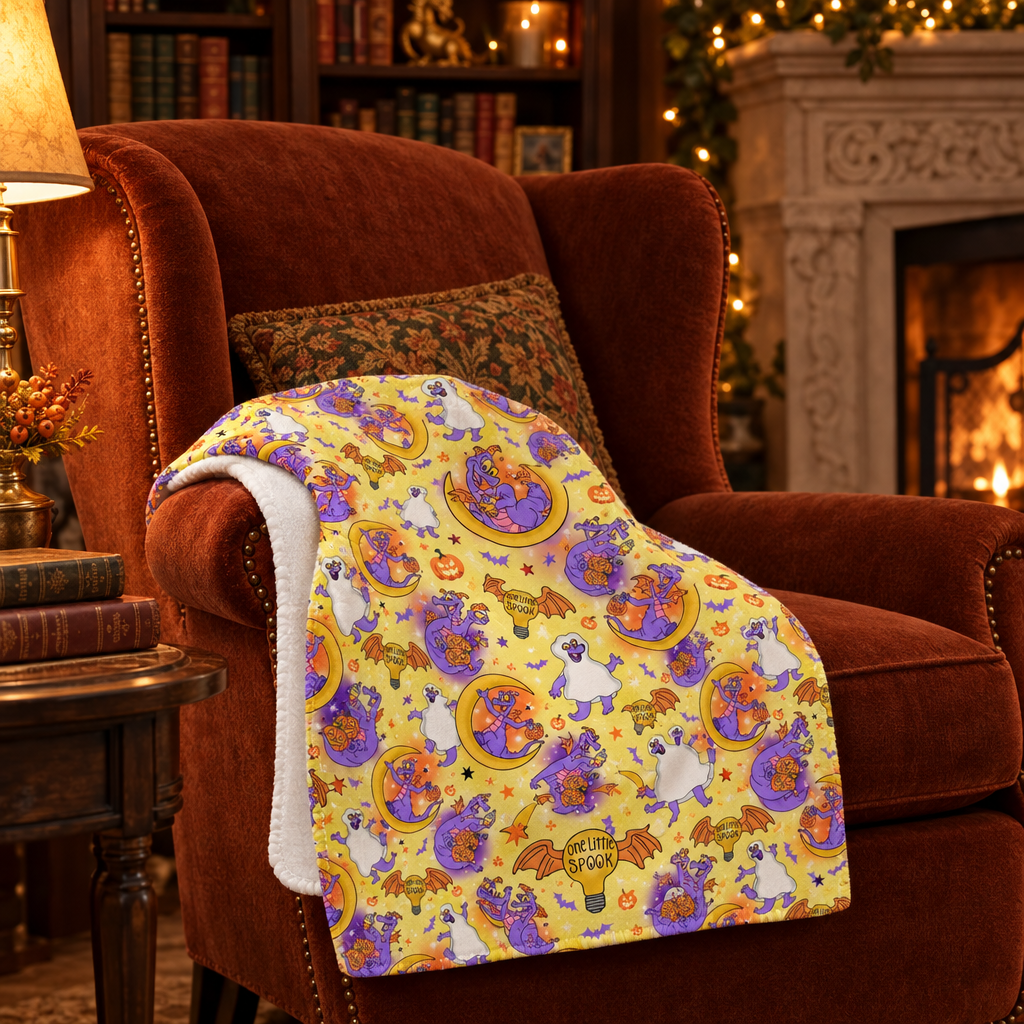Figment yellow blanket on a rust velvet chair in a fireside reading nook