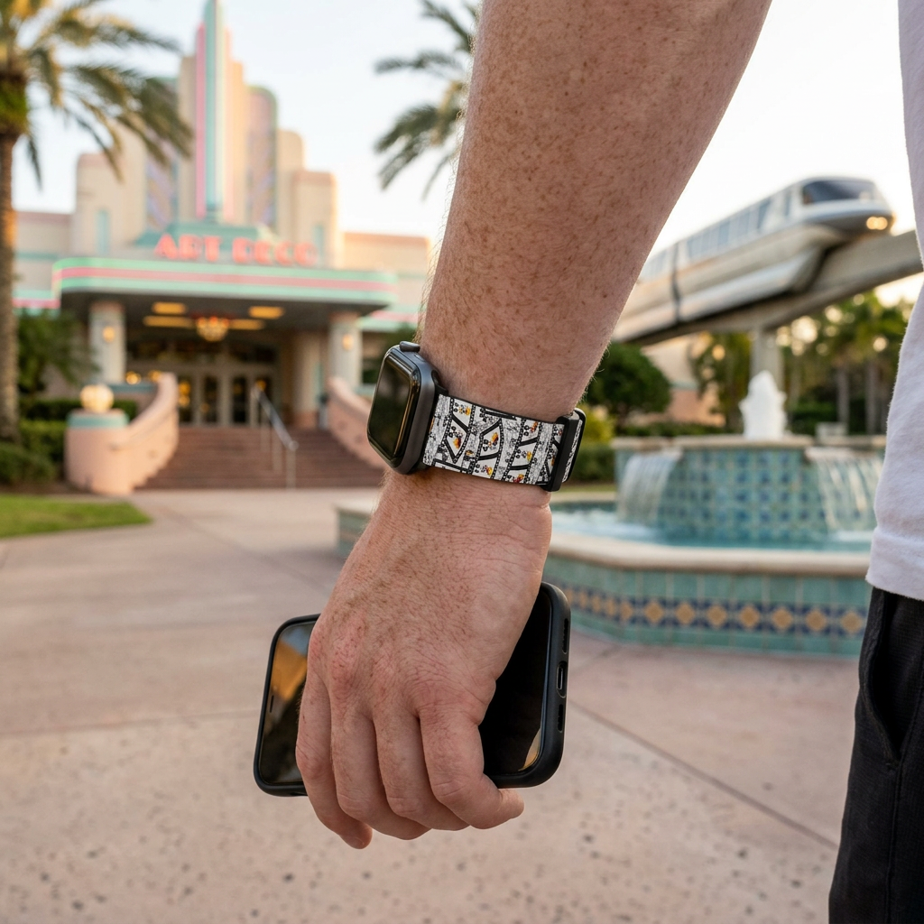 Film-strip watchband along a resort pathway