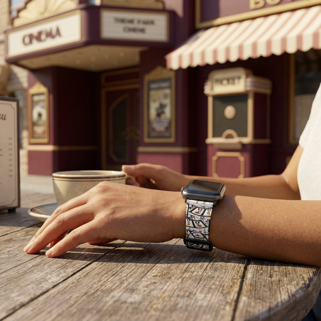 Film-strip watchband at a retro cinema café