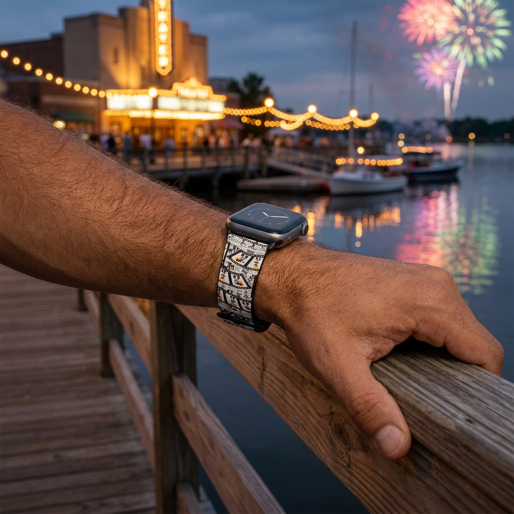 Film-strip watchband beside a glowing waterfront theater