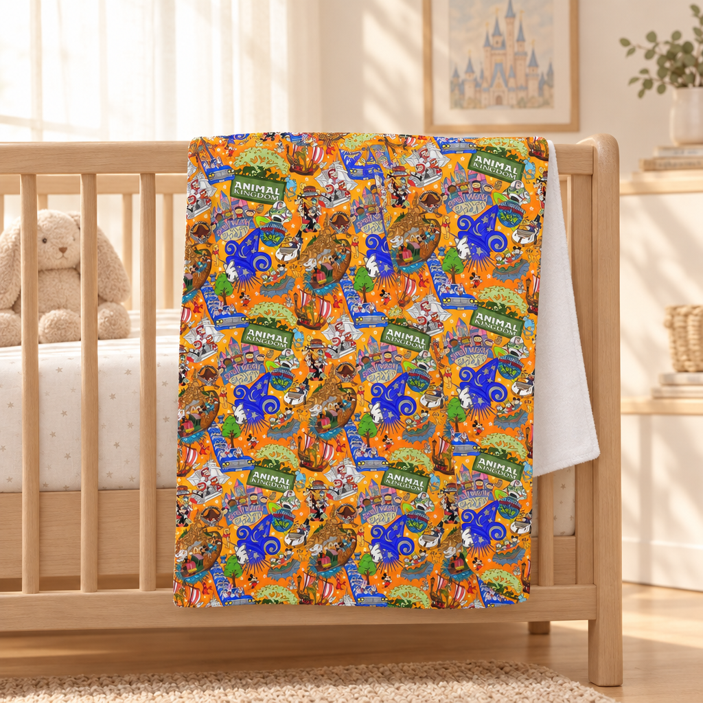 Four Parks Ride Collage blanket in a sunlit nursery