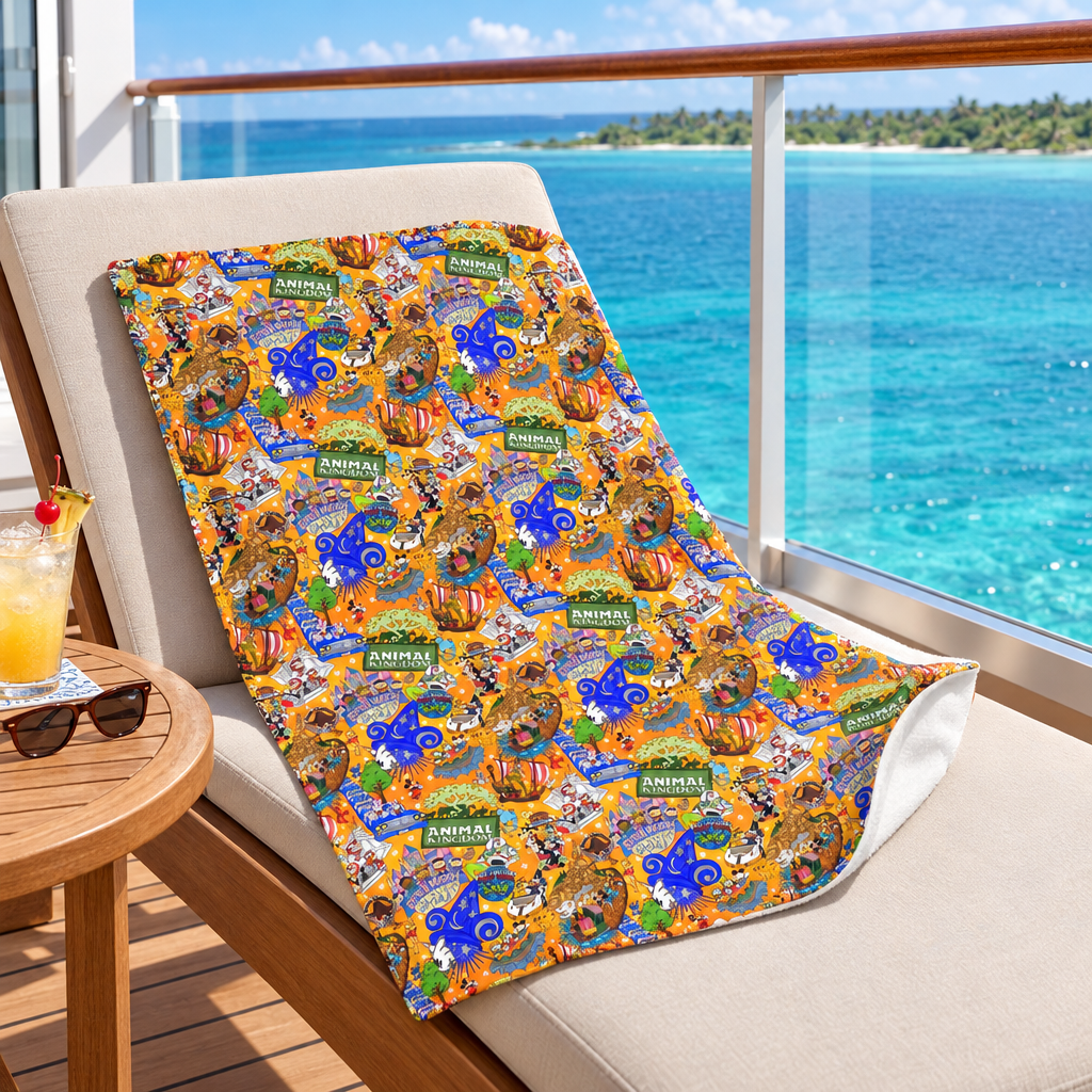 Four Parks Ride Collage blanket on a cruise balcony