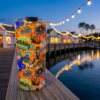 Four Parks tumbler along a glowing waterfront boardwalk at blue hour