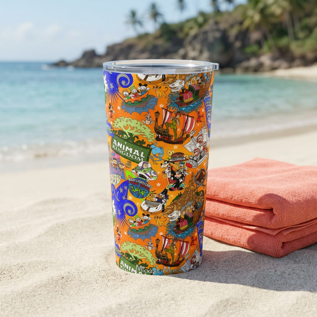 Four Parks tumbler beside a coral towel overlooking a tropical bay