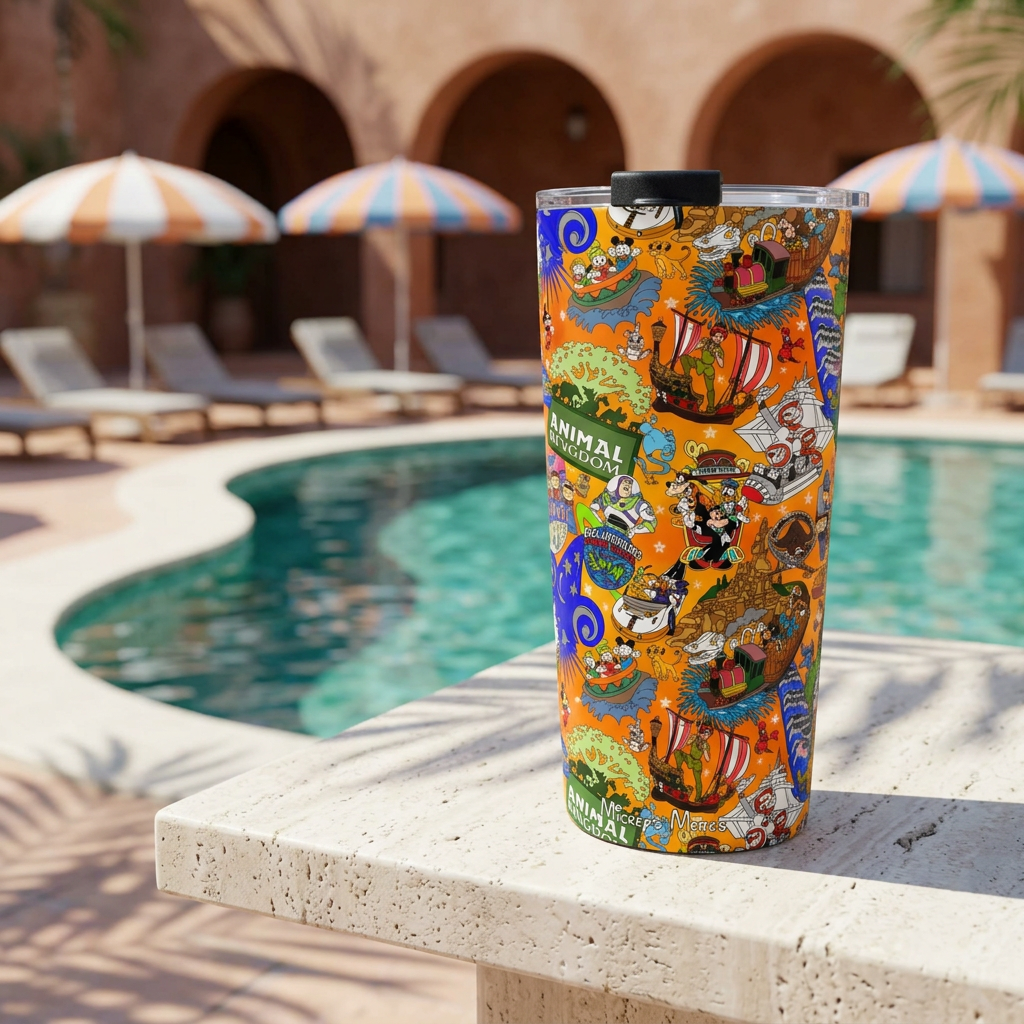 Four Parks tumbler beside a Mediterranean-style resort pool