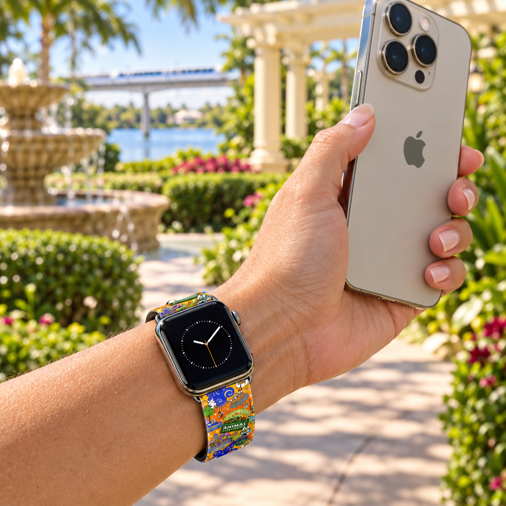 Four Parks watchband along a resort garden pathway
