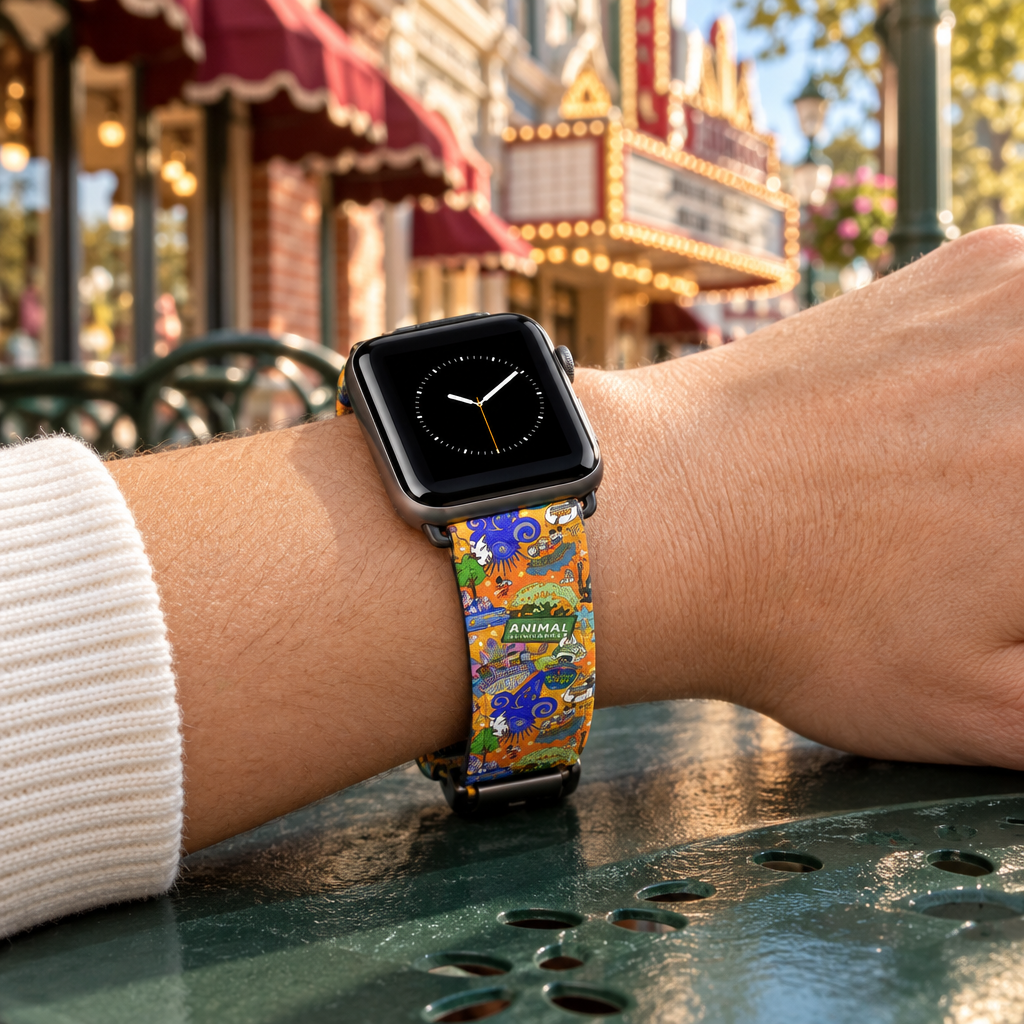 Four Parks watchband at a retro Main Street café