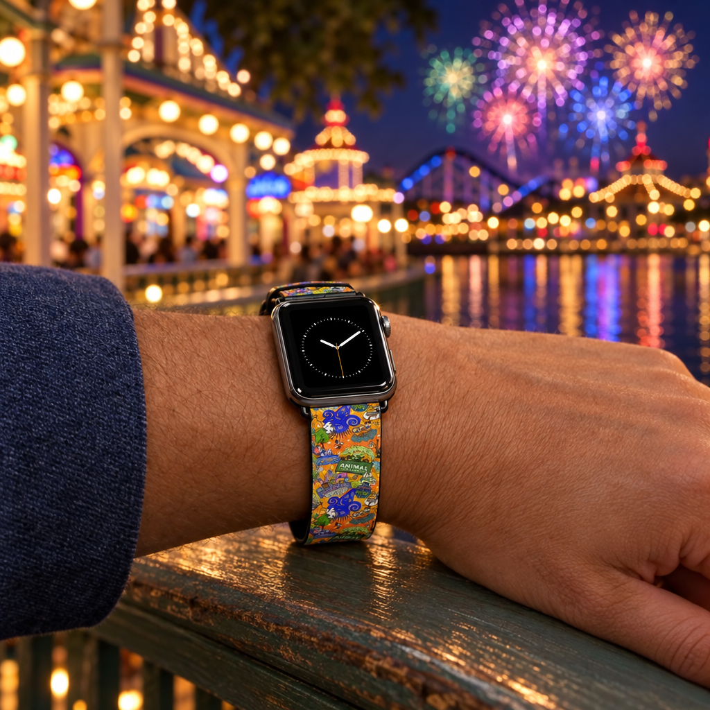 Four Parks watchband beside a glowing boardwalk arcade