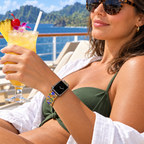 Four Parks watchband on a cruise deck overlooking an island