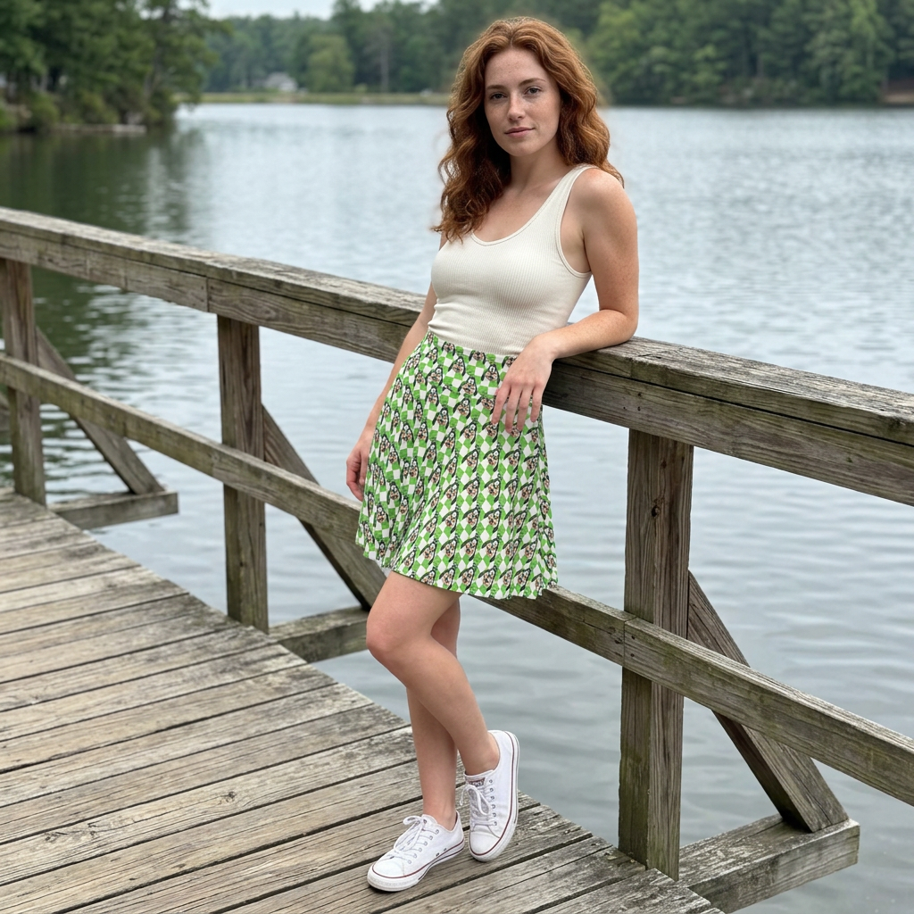 Goofy skirt on lakeside footbridge
