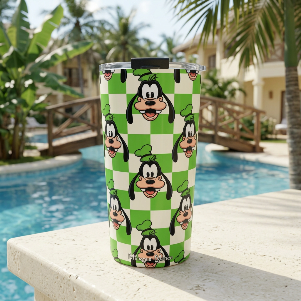 Goofy tumbler beside a lush tropical lagoon pool