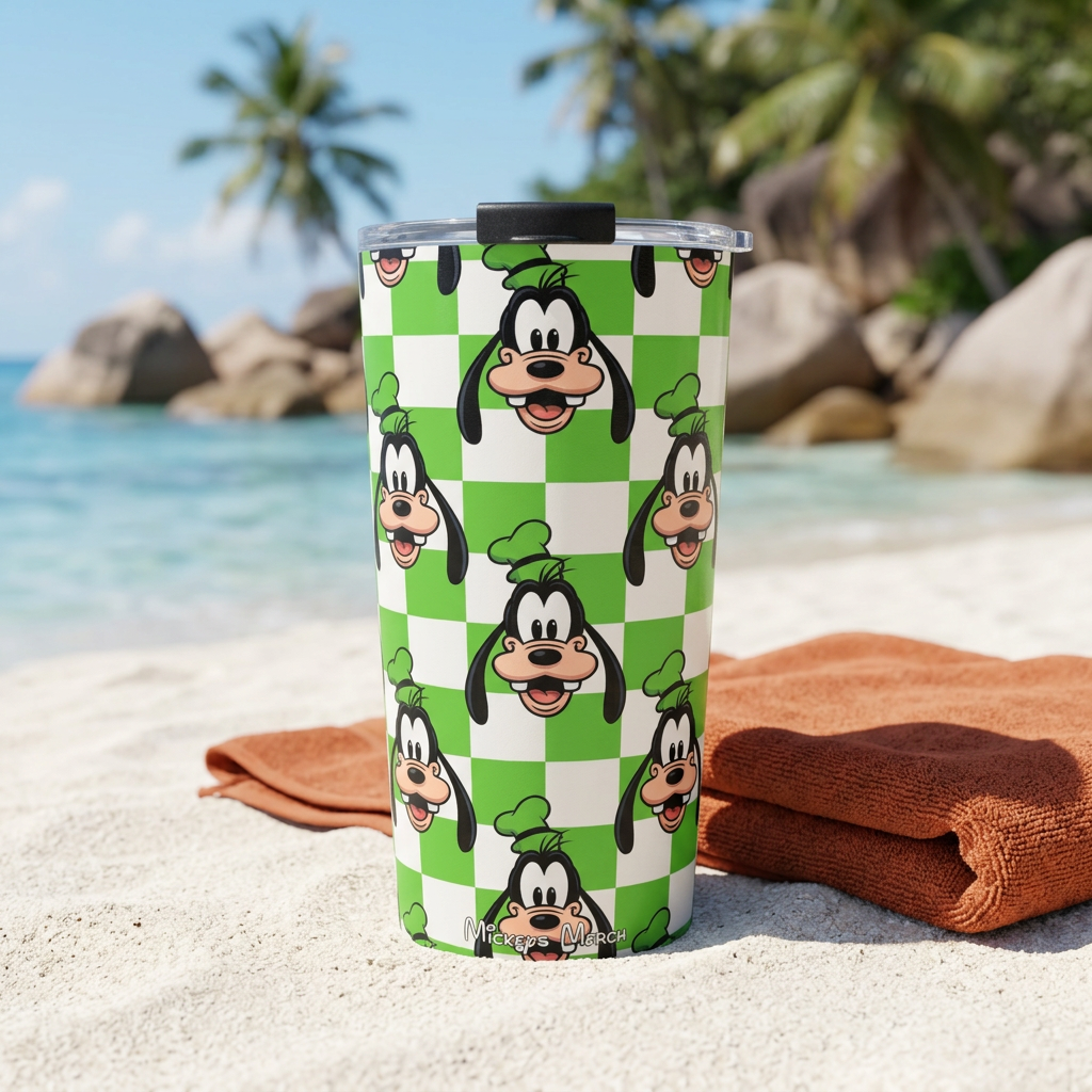 Goofy tumbler beside an orange towel on a tropical beach