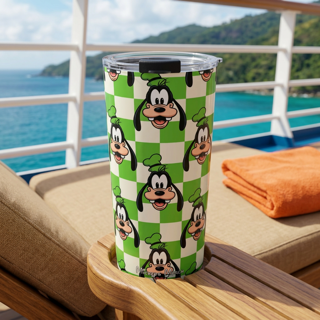 Goofy tumbler on a cruise lounger overlooking tropical mountains