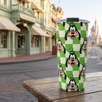 Goofy tumbler outside a sage Victorian cafe