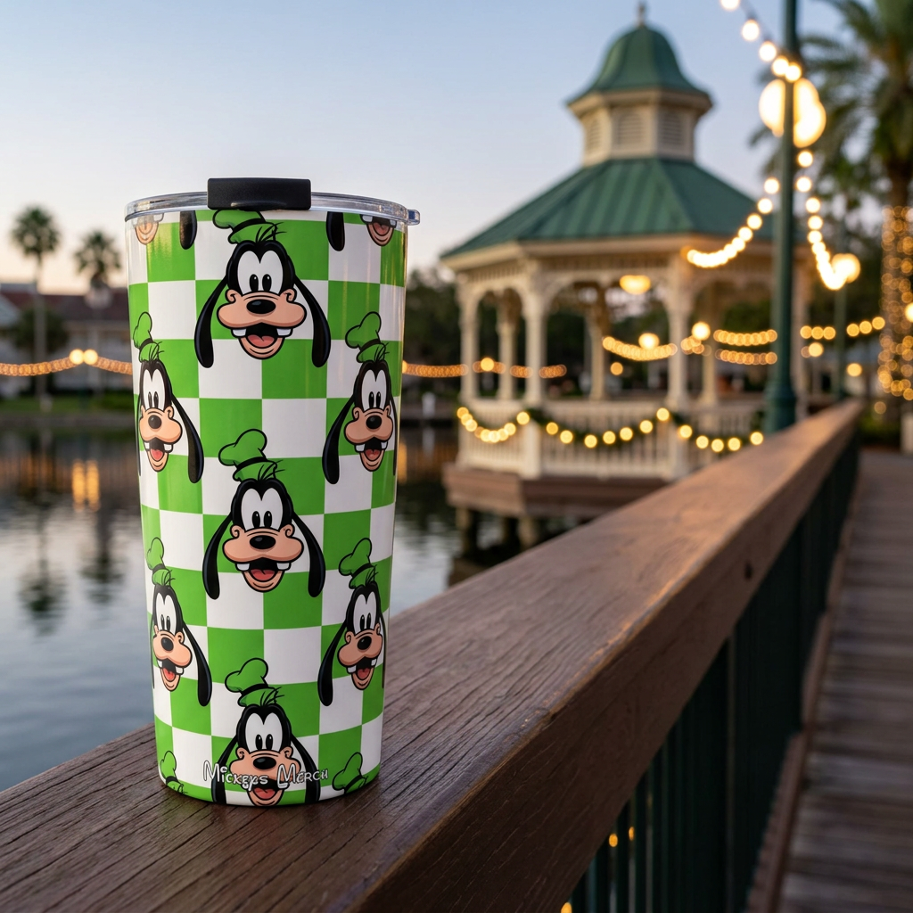 Goofy tumbler overlooking a glowing Victorian waterfront gazebo