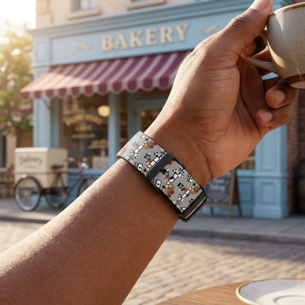 Gray illustrated watchband at a retro café