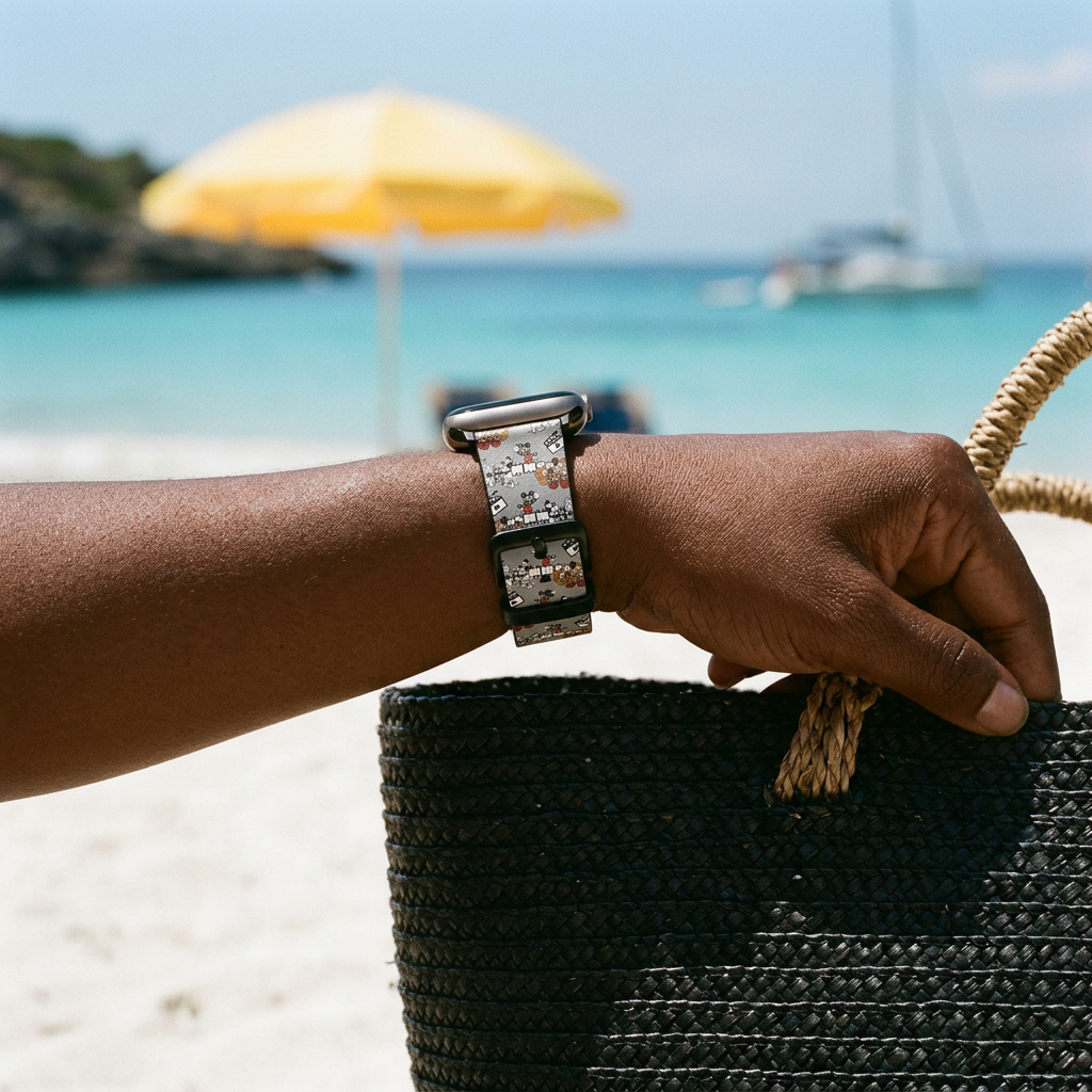 Gray illustrated watchband at a tropical beach