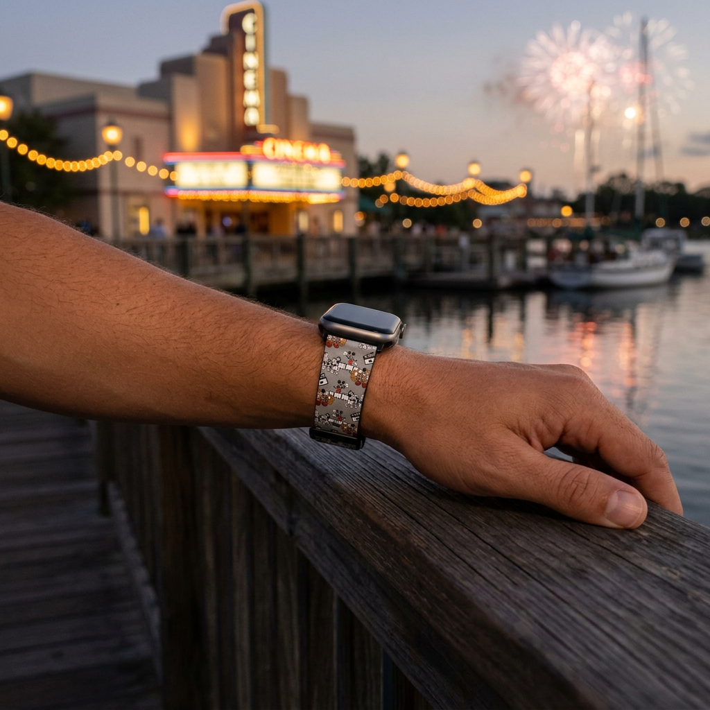 Gray illustrated watchband beside a glowing waterfront cinema