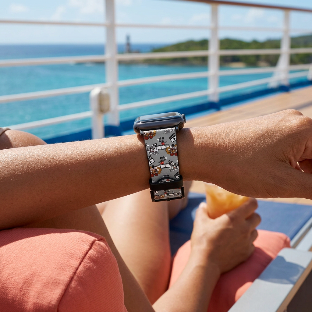 Gray illustrated watchband on a cruise deck