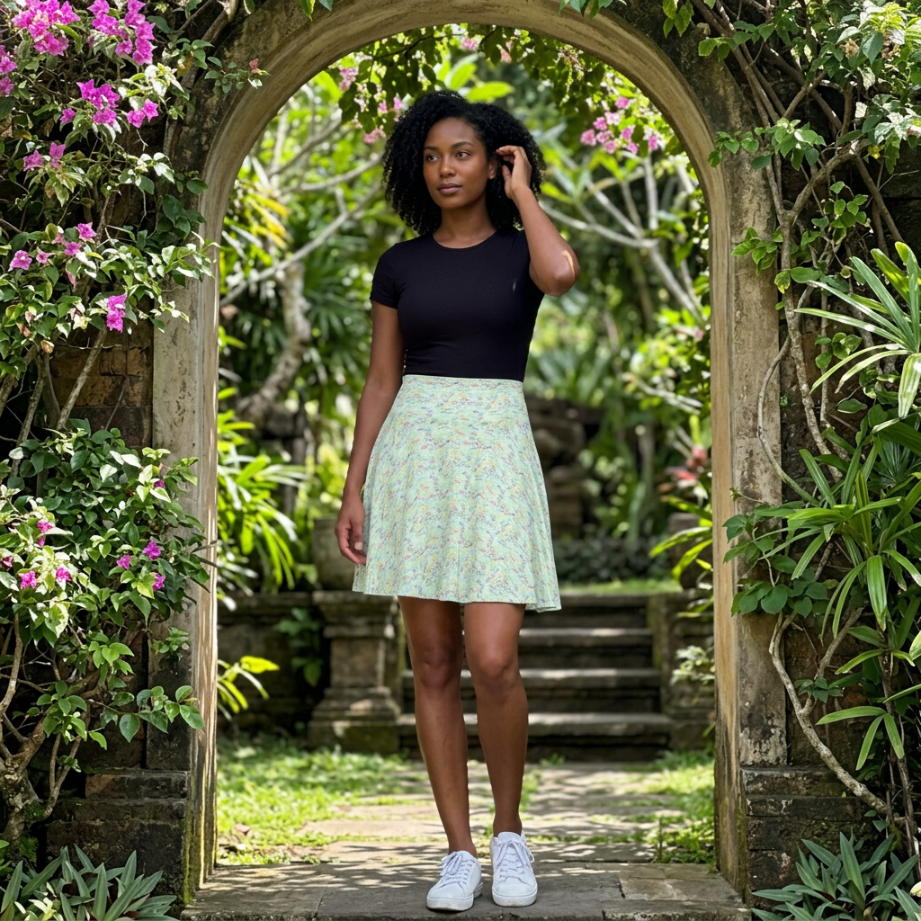 Green autograph skirt in tropical garden archway