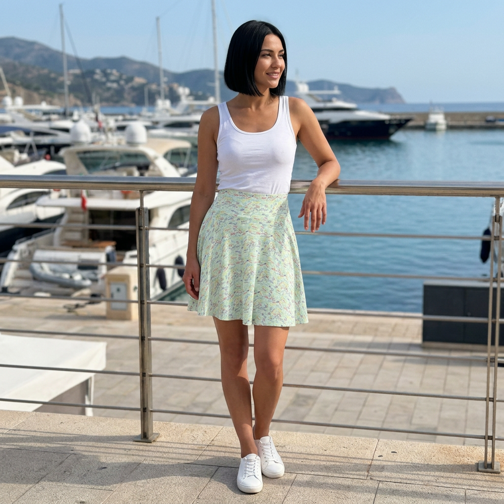 Green autograph skirt standing on marina terrace