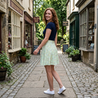 Green autograph skirt walking through park storefront lane