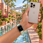 Green autograph watchband along a resort courtyard path