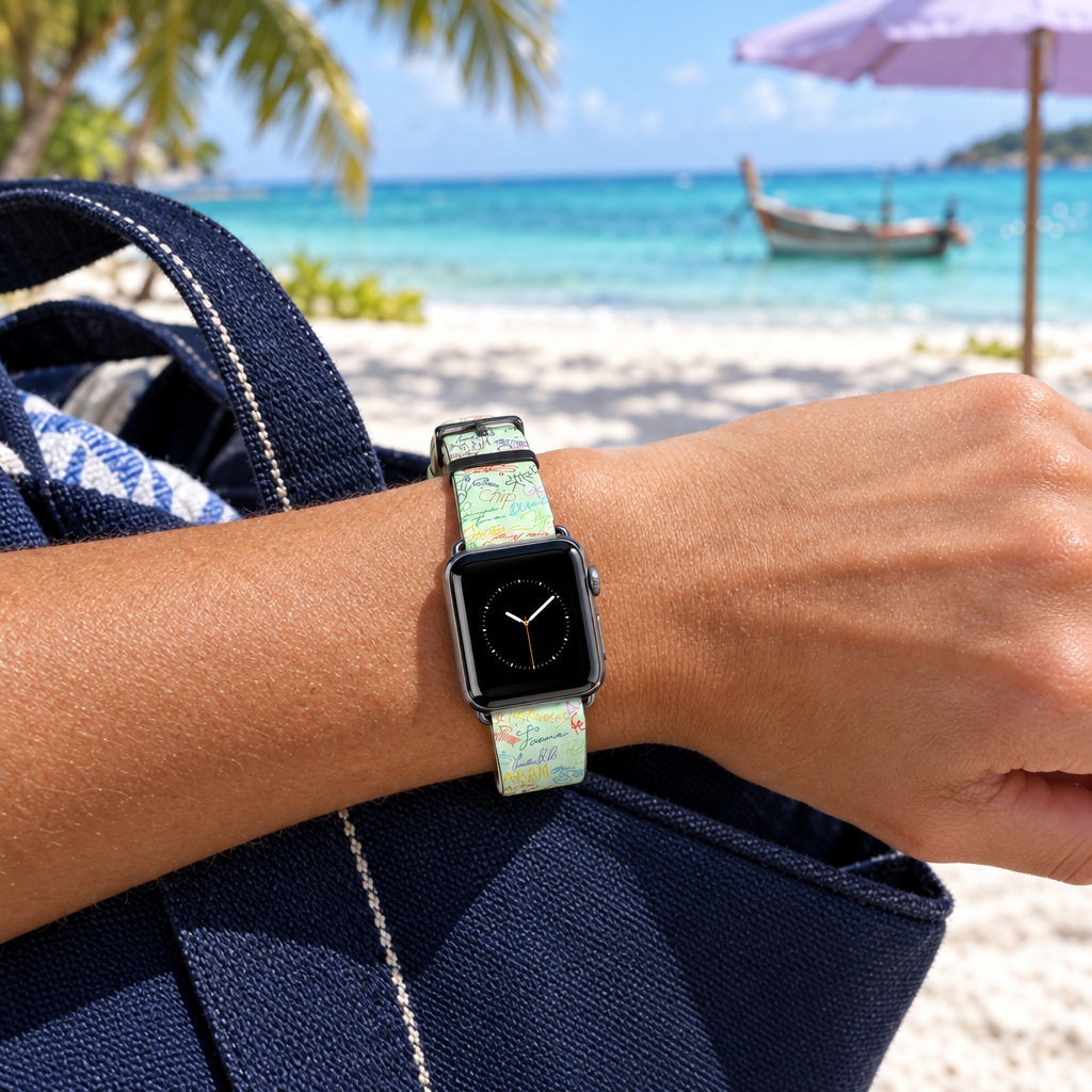 Green autograph watchband at a tropical beach