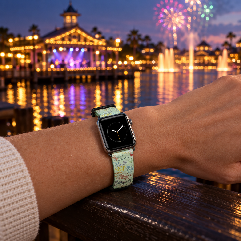 Green autograph watchband beside an illuminated waterfront music pavilion
