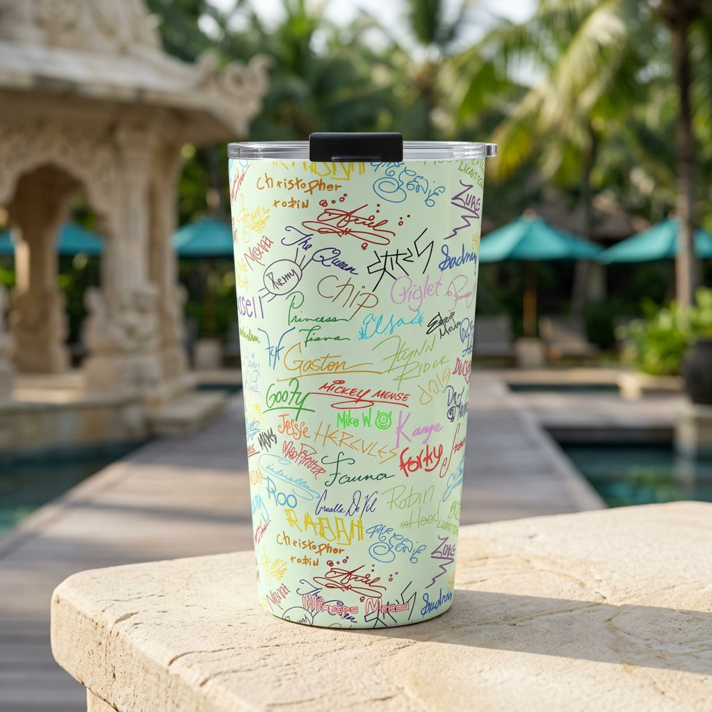 Green Autographs tumbler beside a Balinese-inspired resort pool