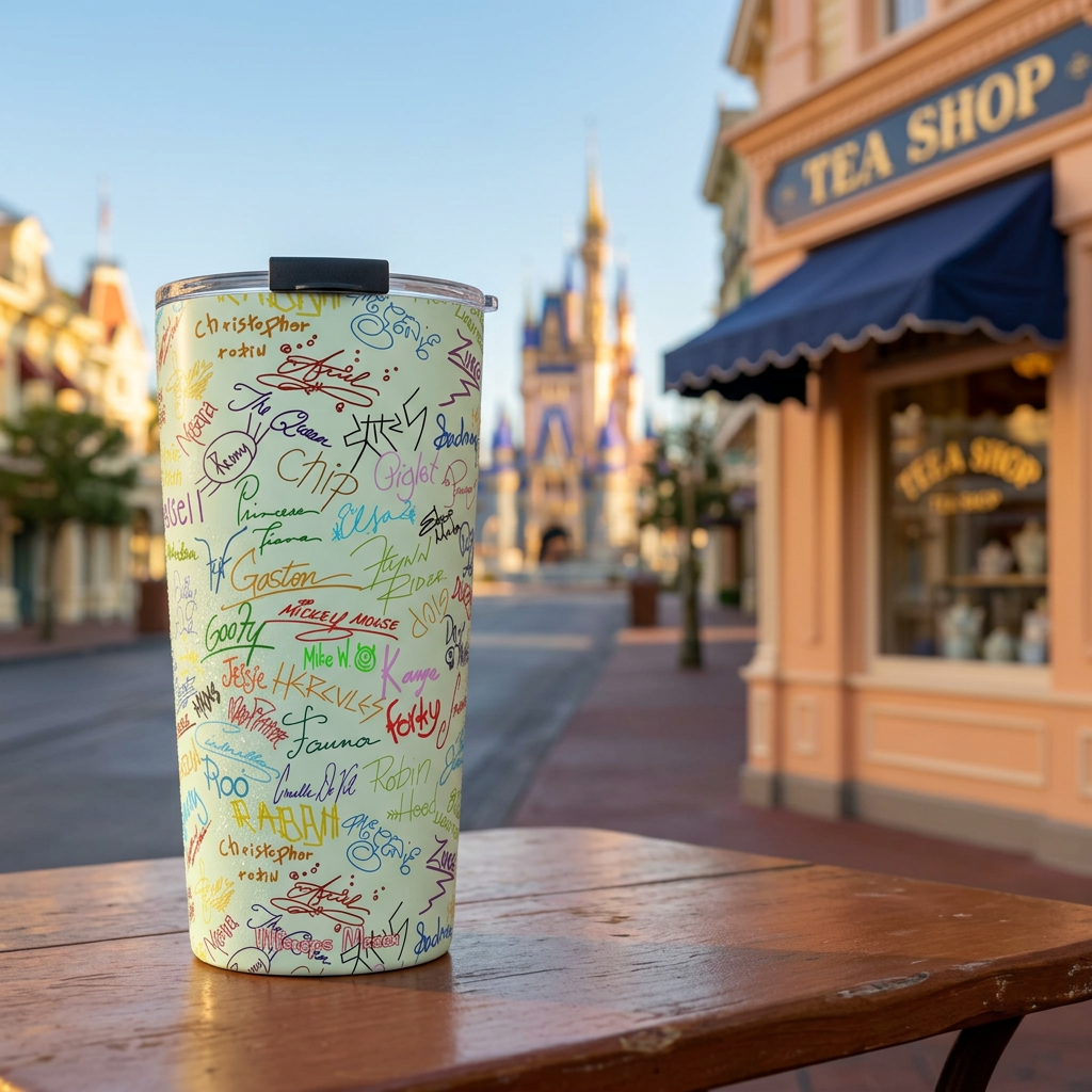 Green Autographs tumbler outside an apricot Victorian tea shop