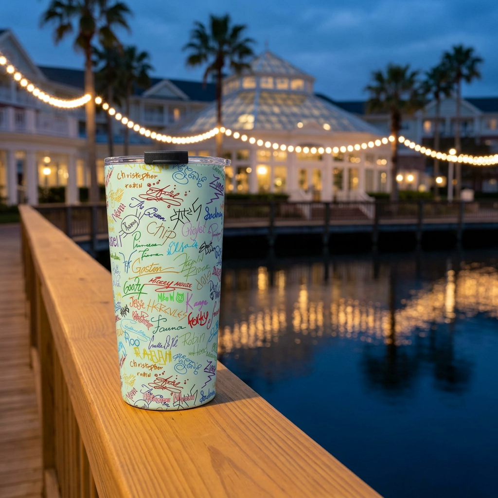 Green Autographs tumbler overlooking a glowing waterfront conservatory