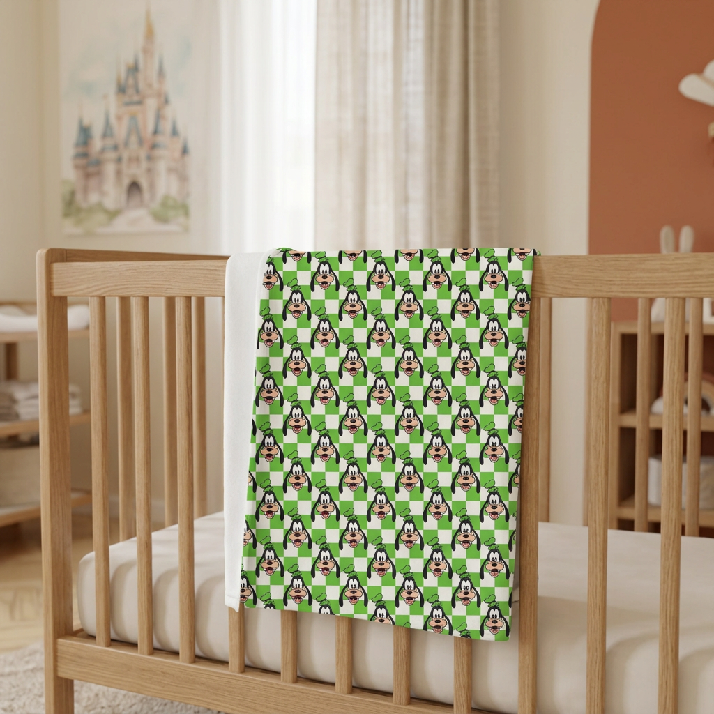 Green Checkerboard Goofy blanket in a terracotta-and-oak nursery