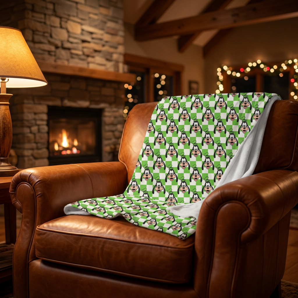 Green Checkerboard Goofy blanket on a cognac leather fireside chair
