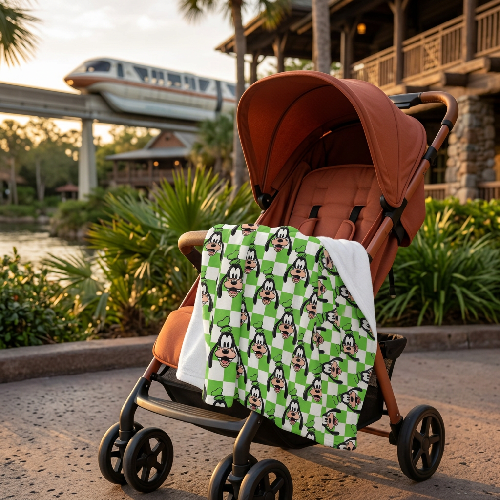 Green Checkerboard Goofy blanket on a stroller along a riverside park walkway