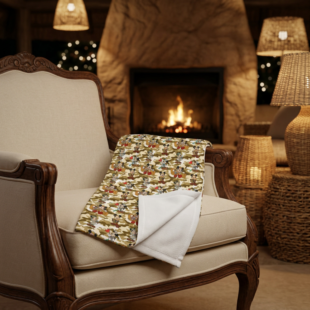 Jungle Camo Mickey blanket in a cozy safari lodge lounge