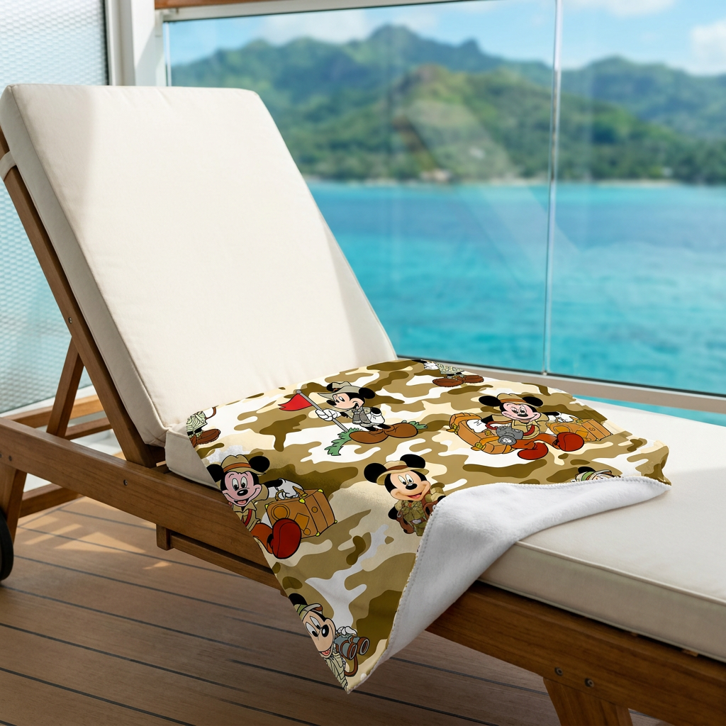 Jungle Camo Mickey blanket on a cruise balcony lounge chair