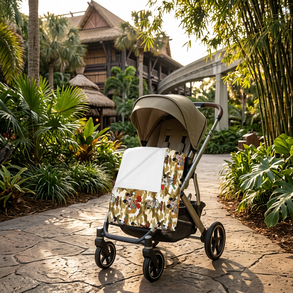 Jungle Camo Mickey blanket on a stroller along a tropical park walkway