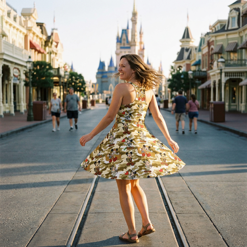 Jungle Camo Mickey racerback dress golden-hour twirl